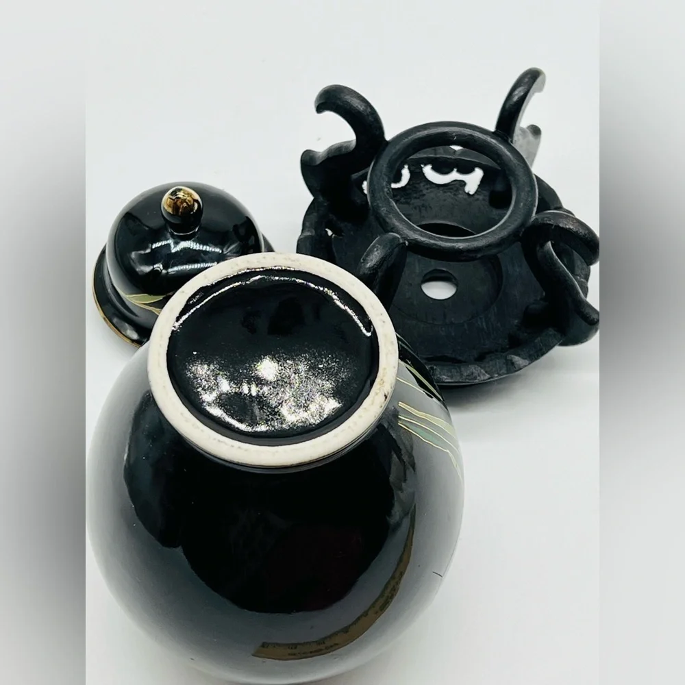 Ornate Japanese Black Glazed Ceramic Ginger Jar